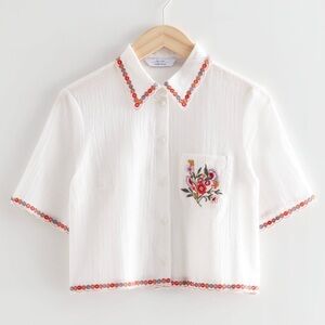 & Other Stories Paris Atelier Embroidered Cotton Short Sleeve Blouse Shirt NWT